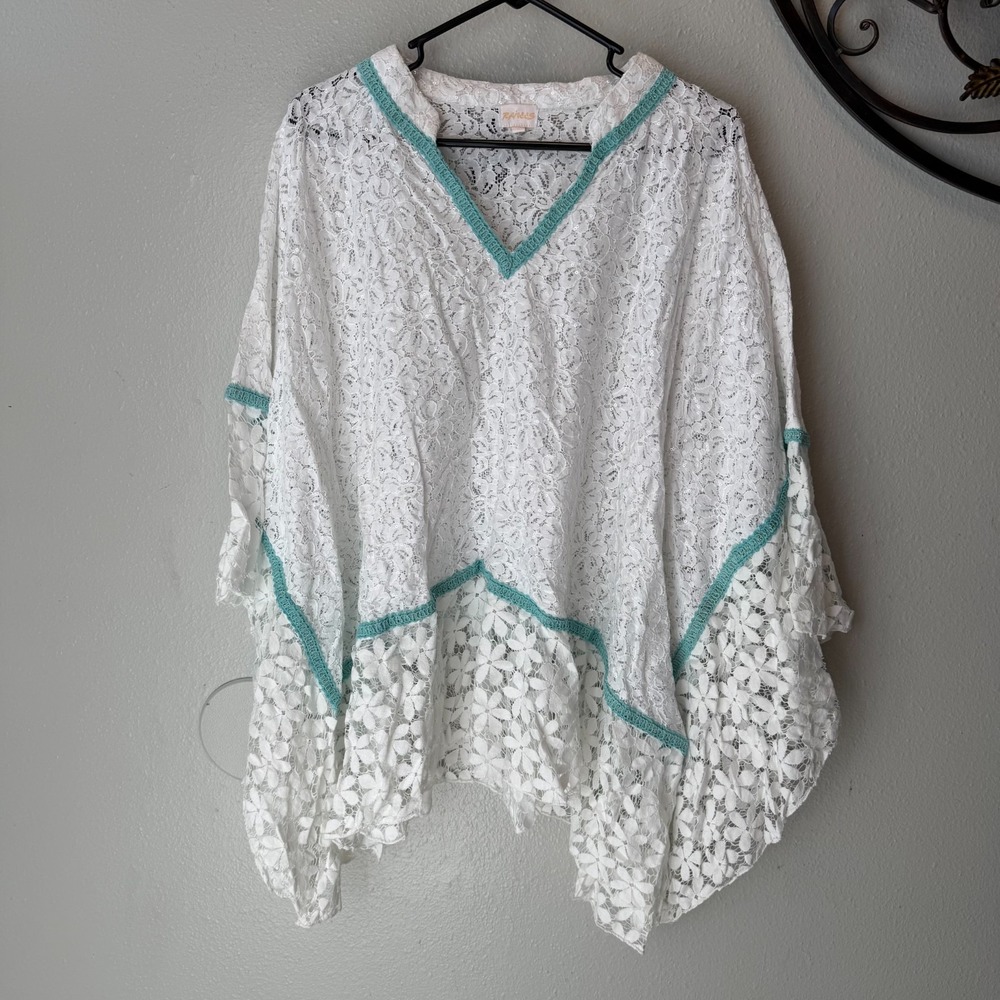 Ranees Boho White‎ Lace Sequin Poncho Top Sheer Crochet Trim Beach festival M